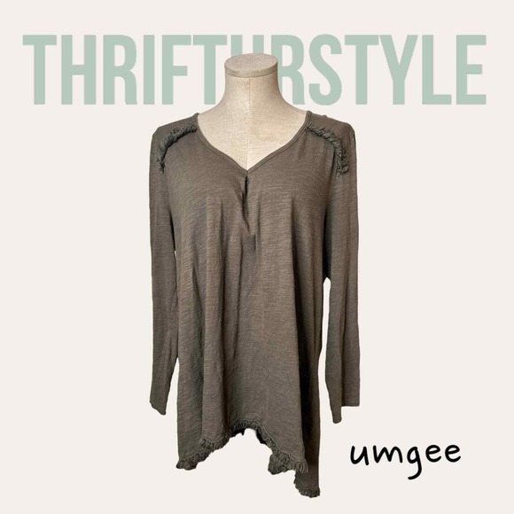 Umgee Tops - Umgee Tunic Top Olive‎ Green Long Sleeve Fringed Hem Detail Casual Comfy